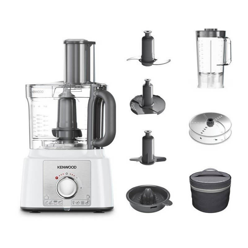 Robot multifonctions Kenwood avec bol transparent et accessoires: lames, couteau, blender, socle, disque et sac de rangement.
