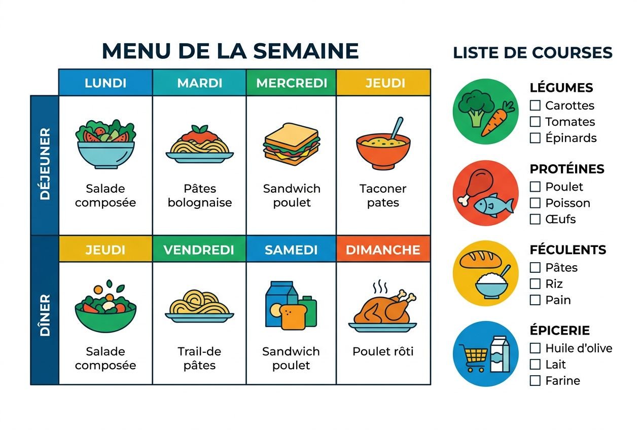 Plan de la semaine de batch cooking débutant : menu et liste de courses pour déjeuners et dîners, avec case à cocher pour les catégories.