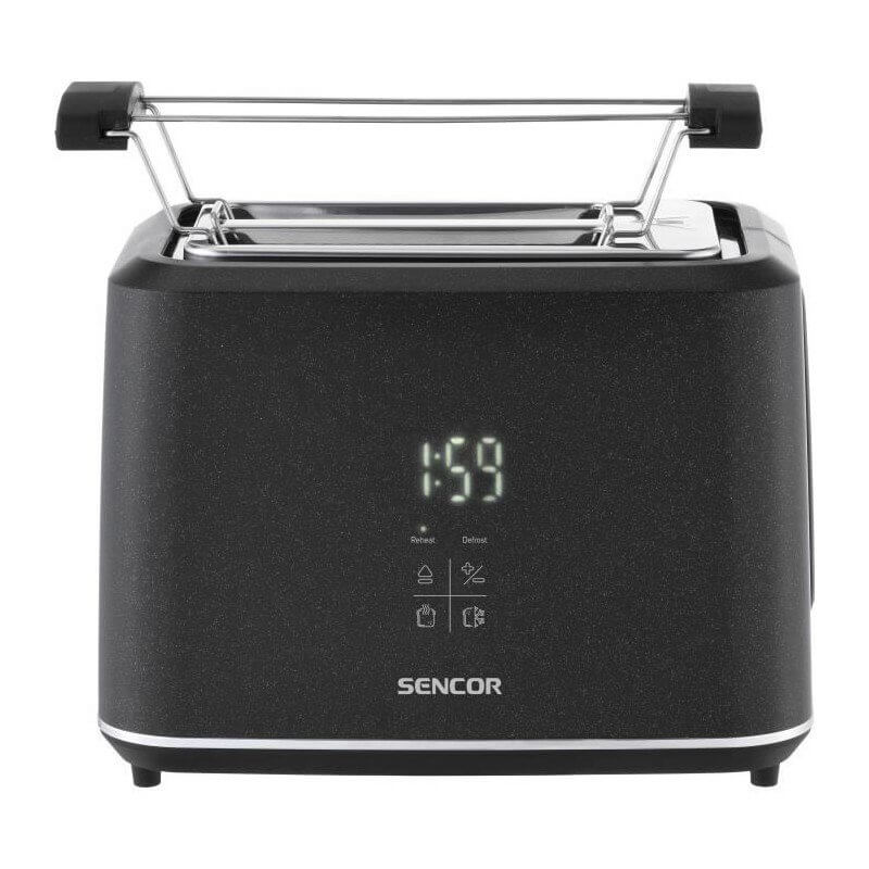 Toastier avec écran numérique et mécanisme à ressort, toaster Sencor élégant noir.