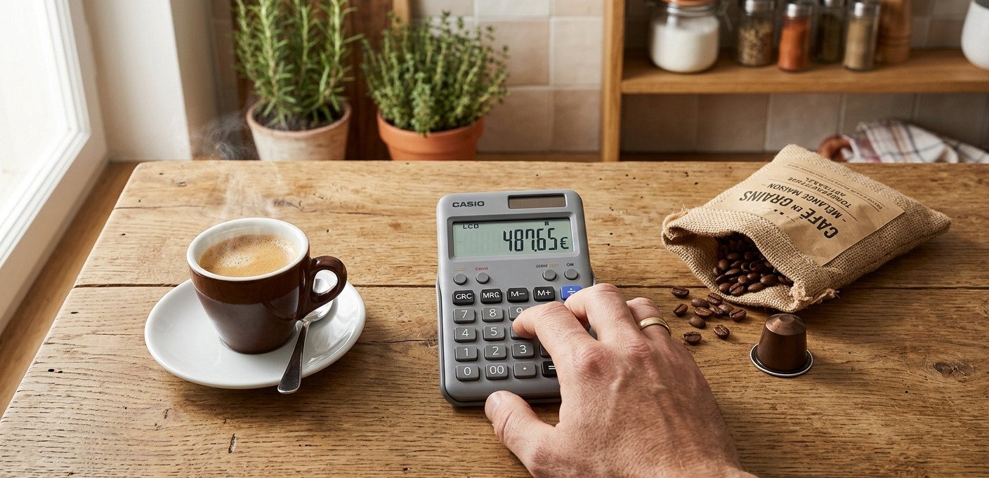 Café espresso et calculatrice sur planche en bois: une main tape sur le clavier près d’un sac de grains de café et d’un bouton métallique.