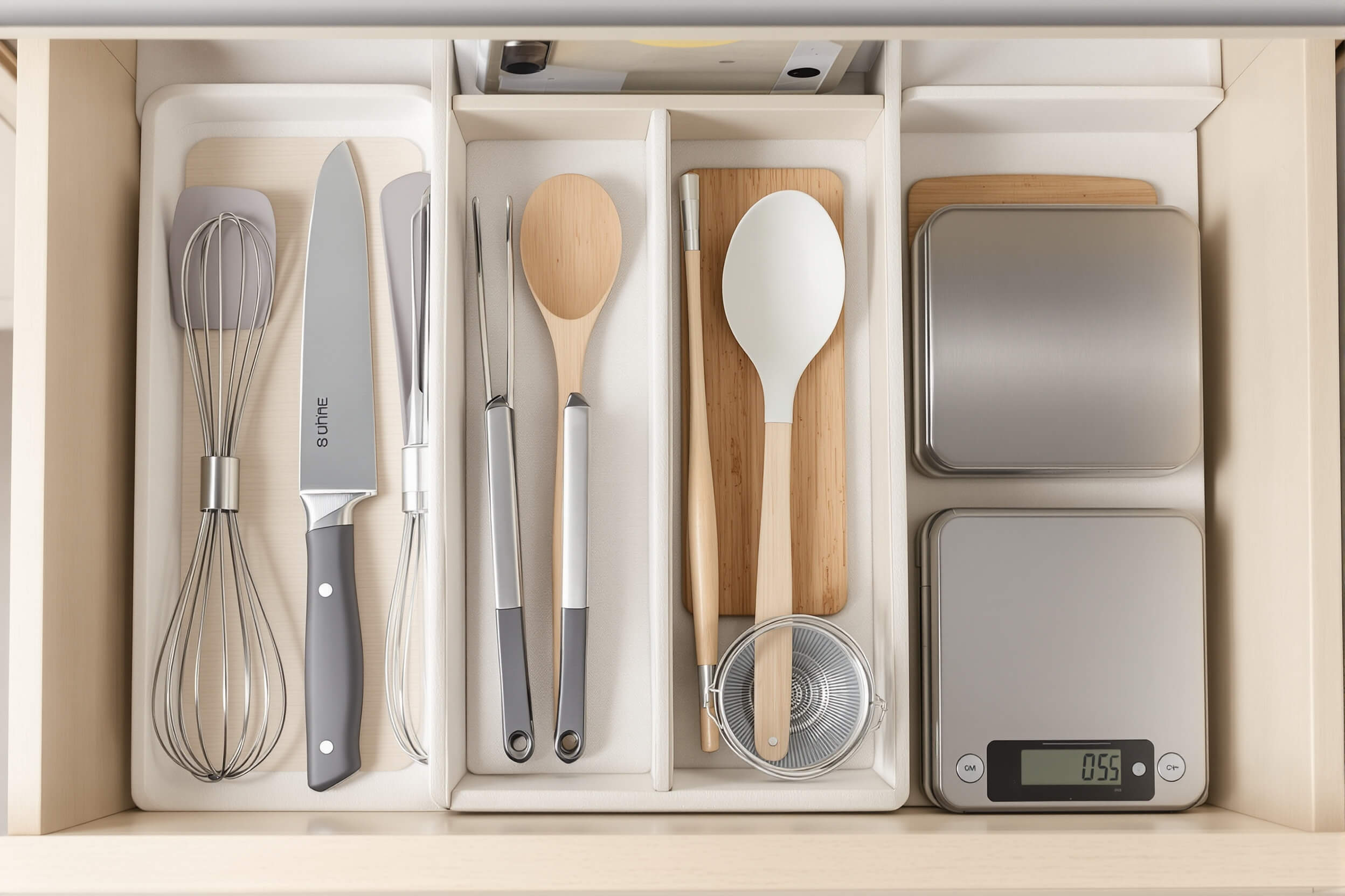 Tiroir de cuisine organisé avec ustensiles indispensables