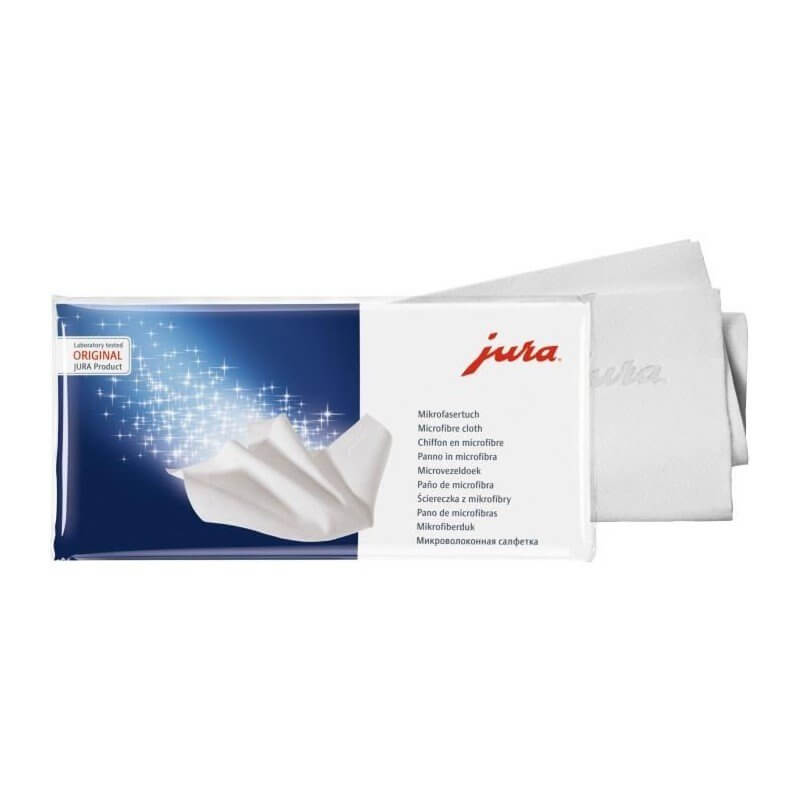 Tampon en microfibre JURA pour nettoyage de surfaces, dans emballage blanc et bleu avec logo orange Jura.