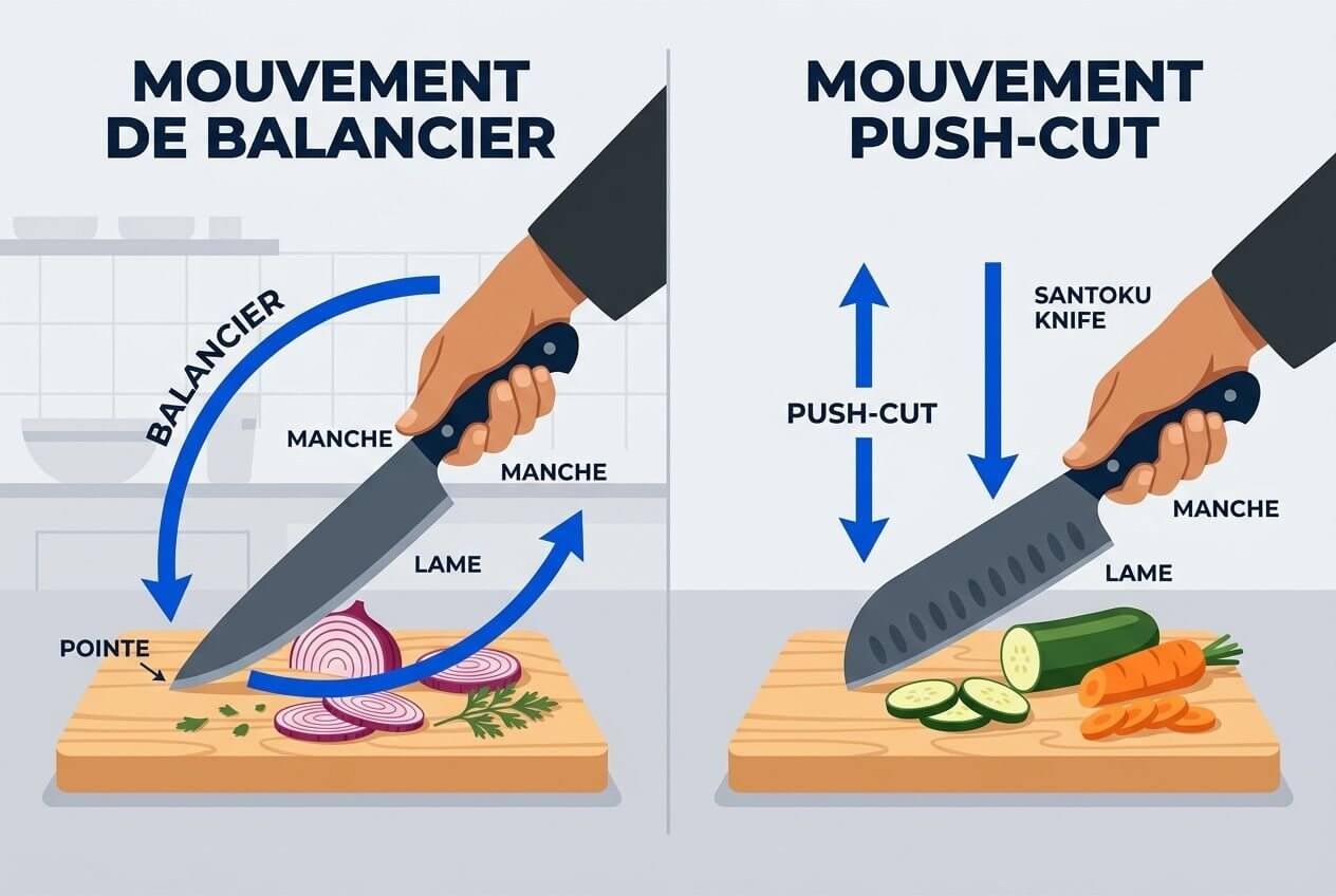 Différence entre couteau chef et santoku illustrée : balancement de lame et coupe des légumes, avec explication des gestes et du profil de chaque couteau.