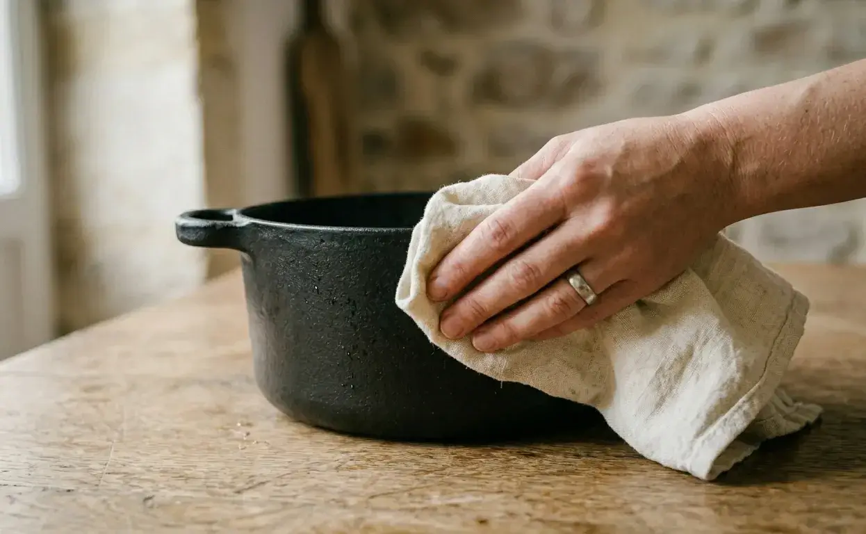 Personne essuyant une casserole en fonte noire avec un chiffon blanc sur une table en bois.