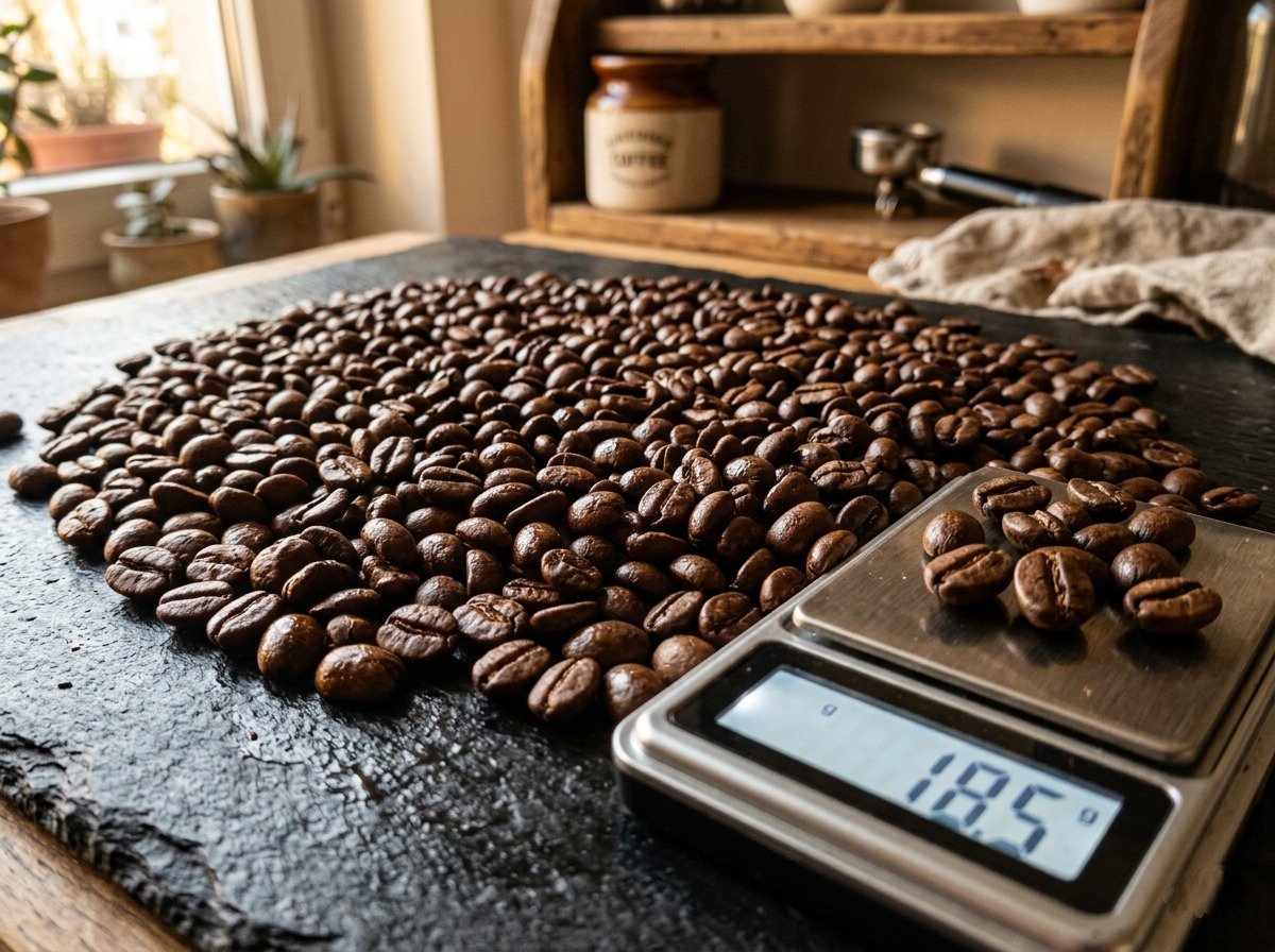Grains de café torréfiés sur une plaque, pesés sur une balance électronique affichant 18.5 g, dans une cuisine artisanale.