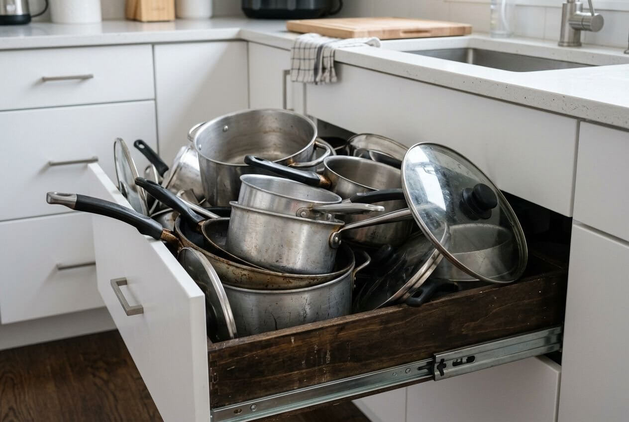 Famille de casseroles et poêles en désordre dans un tiroir coulissant de cuisine, avec couvercles et ustensiles mélangés. Comment ranger des casseroles dans un tiroir.