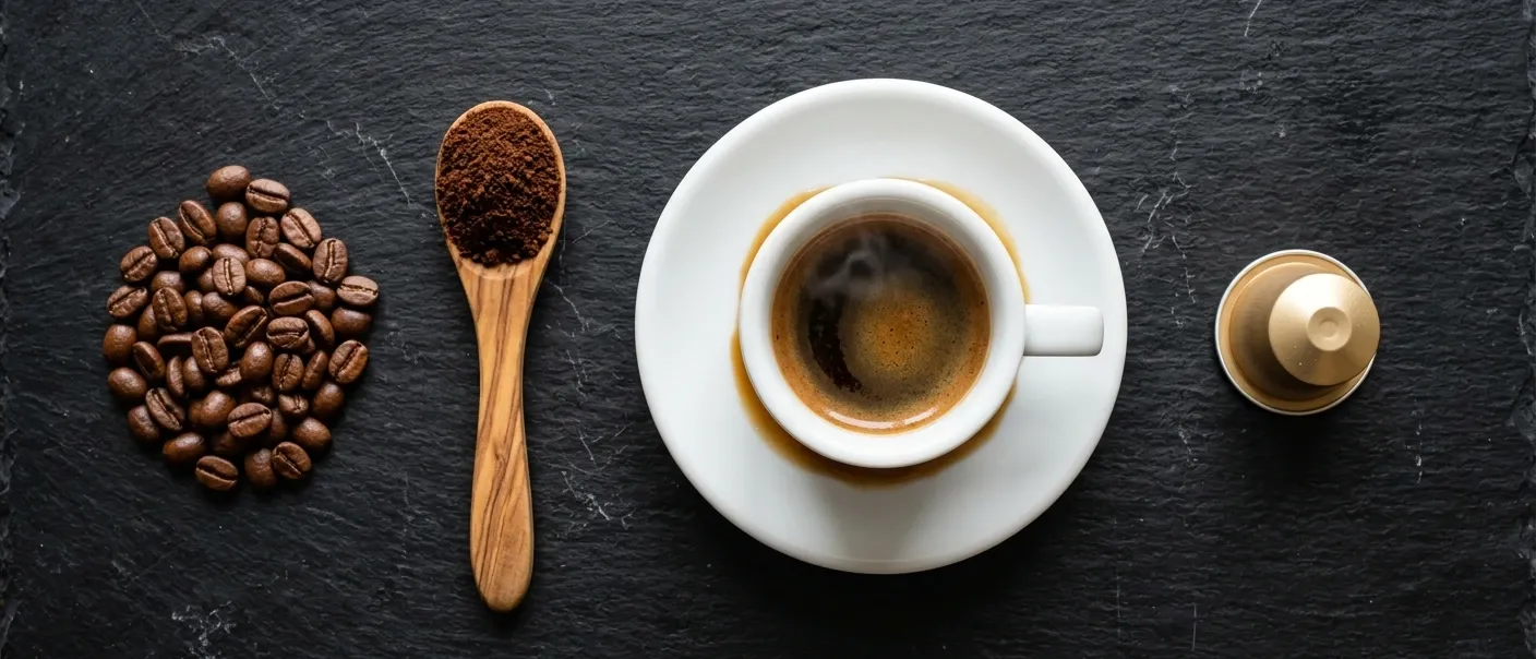Comparatif café moulu, café en grain et capsule de café posés côte à côte sur ardoise noire avec tasse espresso fumante