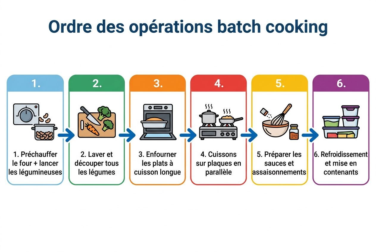 Processus étape par étape du batch cooking, adapté au débutant, montrant les six étapes de préparation des repas sur une ligne de pictogrammes. batch cooking débutant guide intégré.