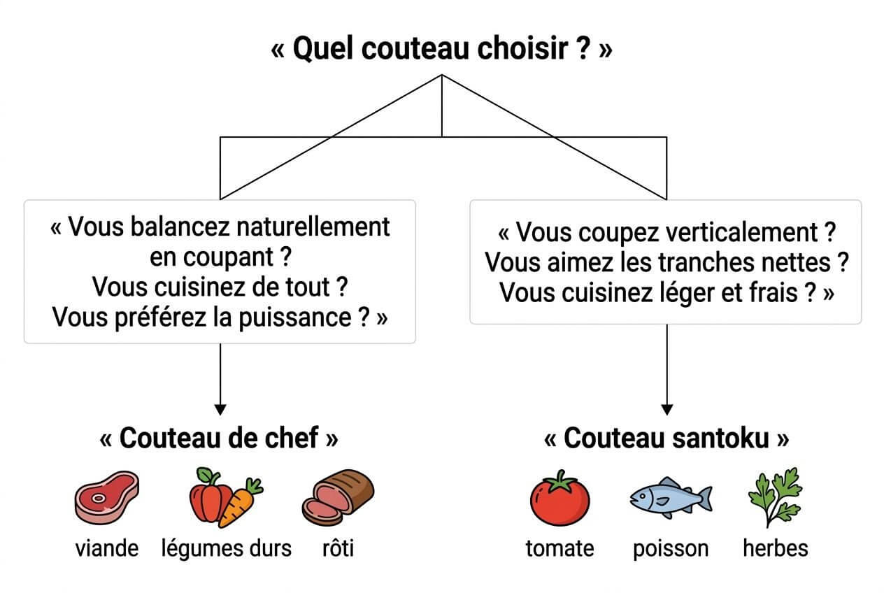 Différence entre couteau chef et santoku : schéma présentant deux choix, couteau de chef avec viande, légumes lourds et rôti, et couteau santoku avec tomate, poisson et herbes.