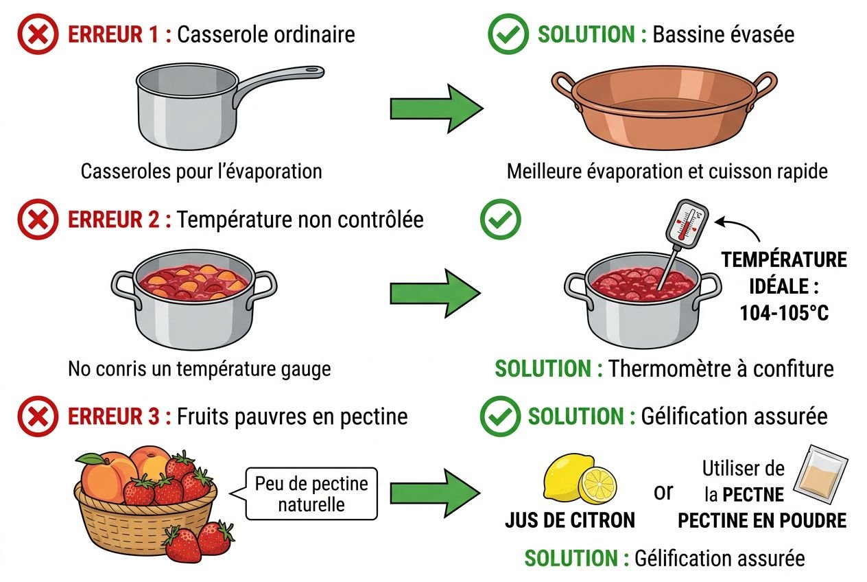 Affiche pédagogique sur la cuisson des confitures: haut gauche casserole ordinaire corrigée par une bassine évasée, flèches vertes; erreurs et solutions. | Démonstration de température idéale avec thermomètre à confiture et cuve; fruits rouges en accompagnement et solutions de gélification avec jus de citron et pectine en poudre., intégré le mot clé: confiture maison ustensiles débutant.