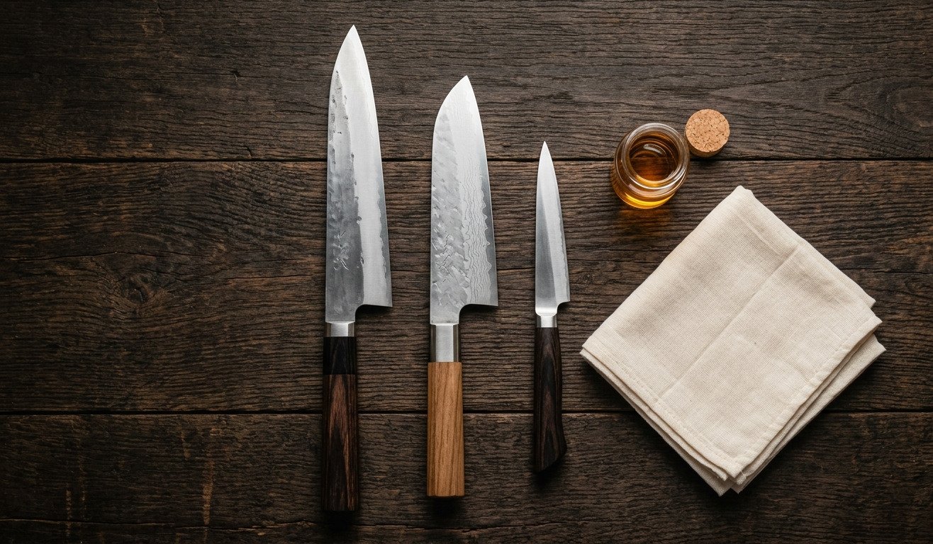 Quatre couteaux de chef à lames damassées avec manches en bois, pose sur plancher en bois, côté flacon d’huile et serviettes en lin.