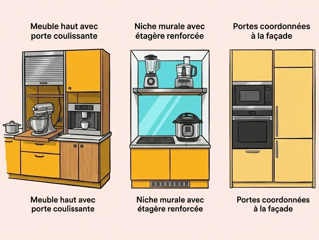 Illustration de trois configurations de cuisine: meuble haut avec porte coulissante, niche murale avec étagère renforcée et portes coordonnées à la façade, montrant appareils électroménagers et rangement.