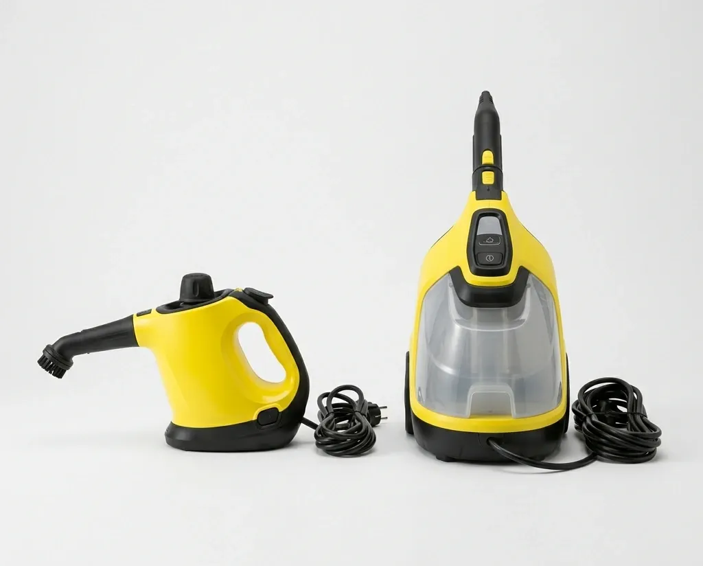 Aspirateur vapeur compact jaune et noir avec sa base et un petit accessoire, électrique à fil, présenté de face.