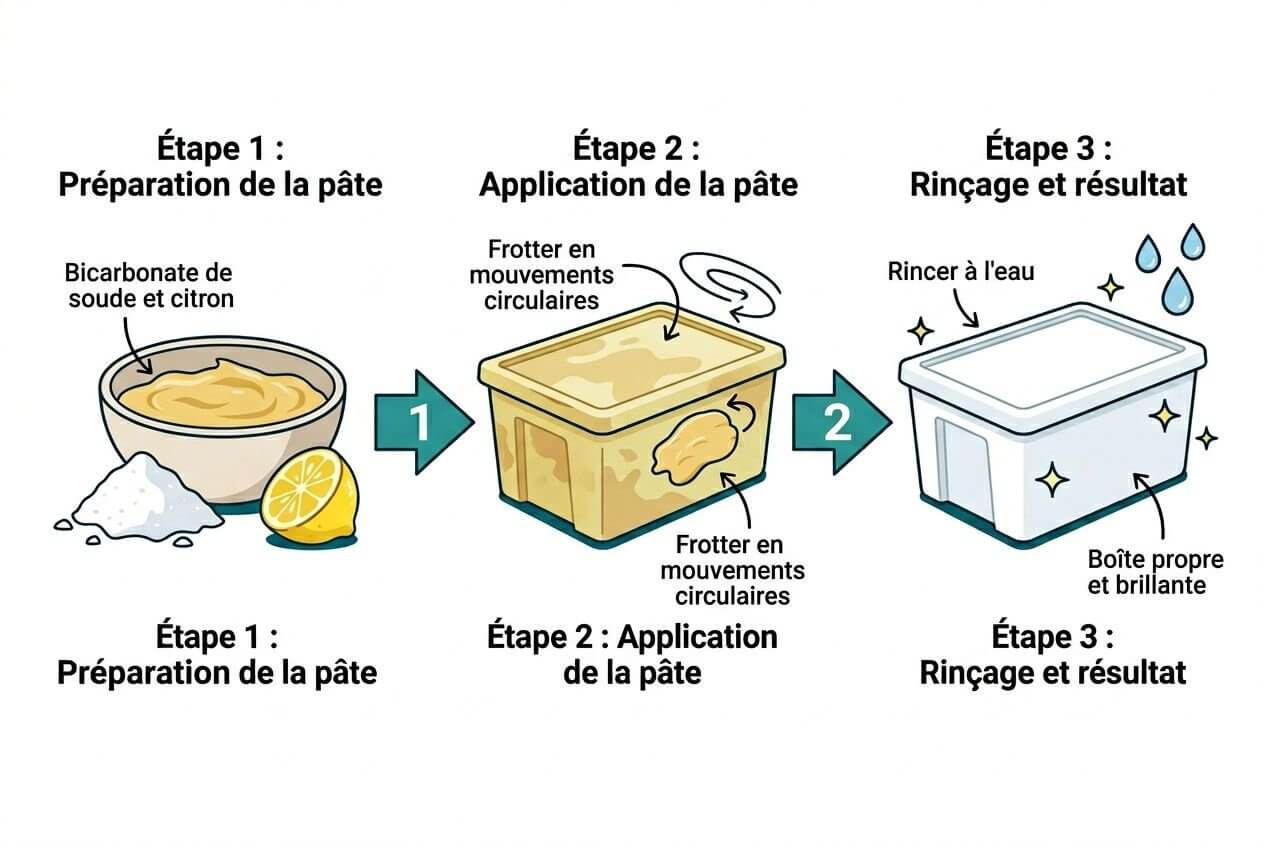 Illustration étape par étape montrant un tutoriel: préparation de la pâte avec bicarbonate et citron, puis application et rinçage pour obtenir une boîte propre et brillante. Intègre le thème nettoyer plastique jauni.