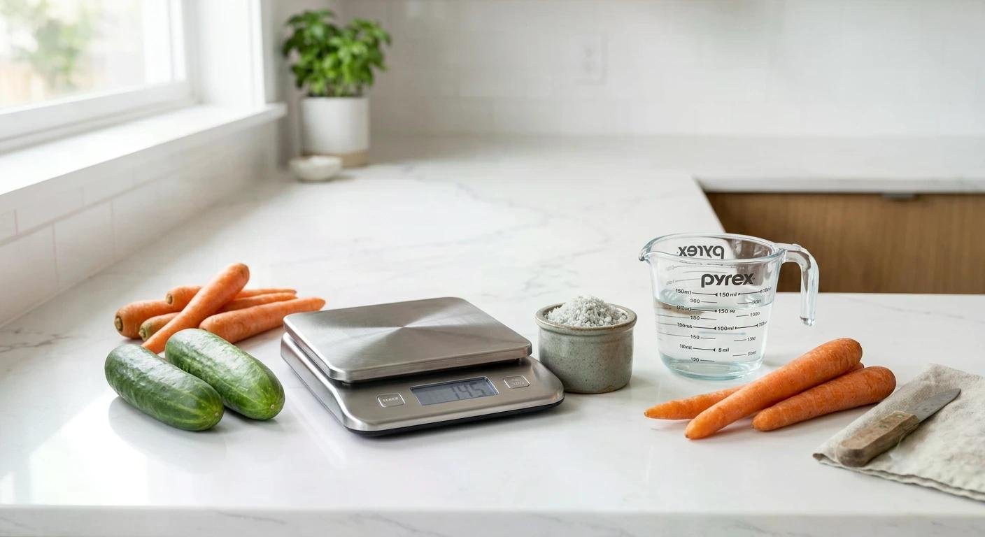 Balance de cuisine numérique, légumes frais et ingrédients sur plan de travail blanc, pichet d’eau Pyrex et petit bol de sel.