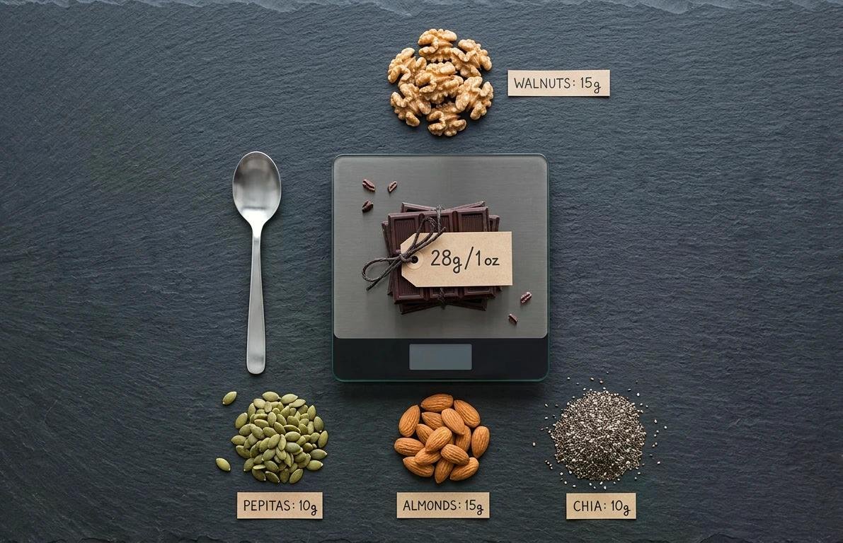 Balance de cuisine pesant 28 g de chocolat noir, entourée de noix, amandes, pepitas, chia et éclats de chocolat sur plan de travail. Walnuts 15 g mentionné.