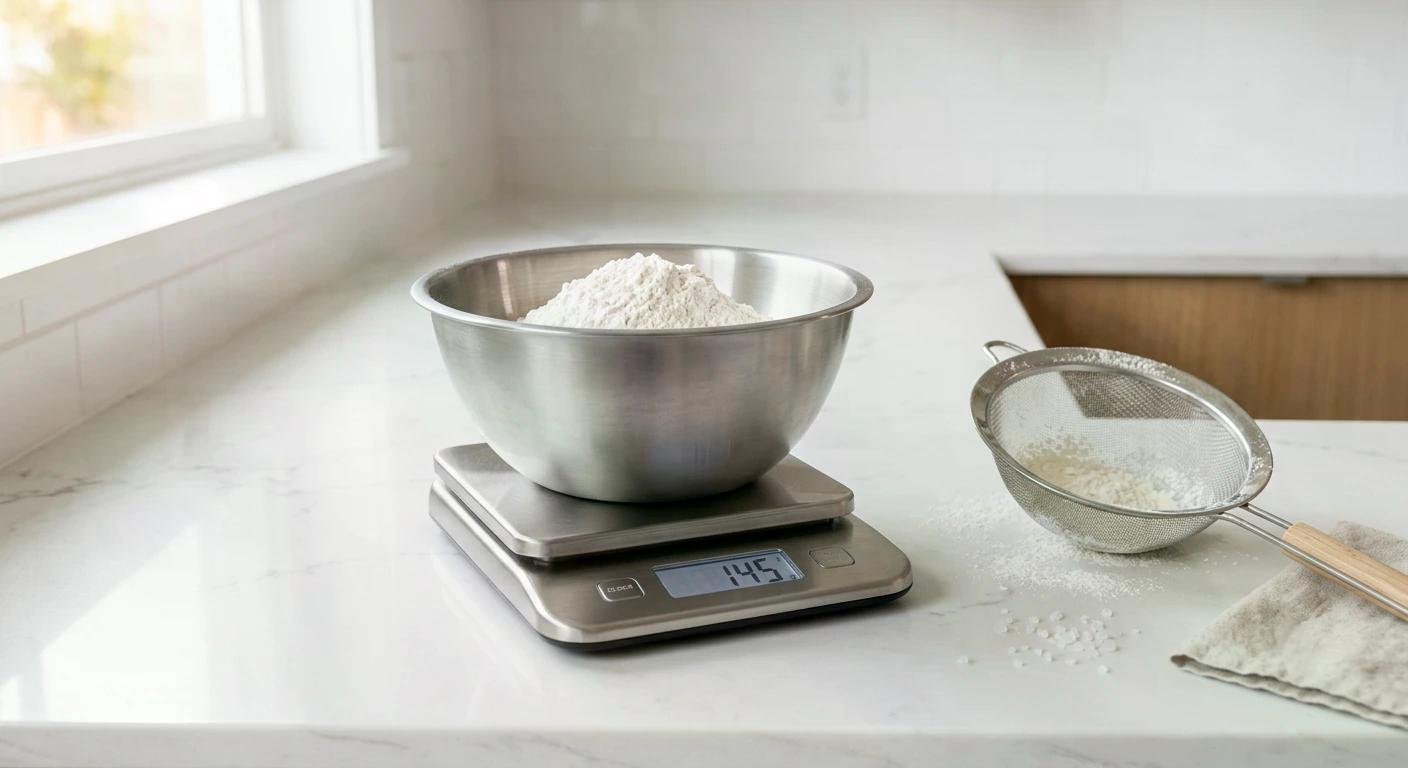 Balance numérique sur plan de travail en inox avec bol de farine et tamis, cuisine lumineuse.