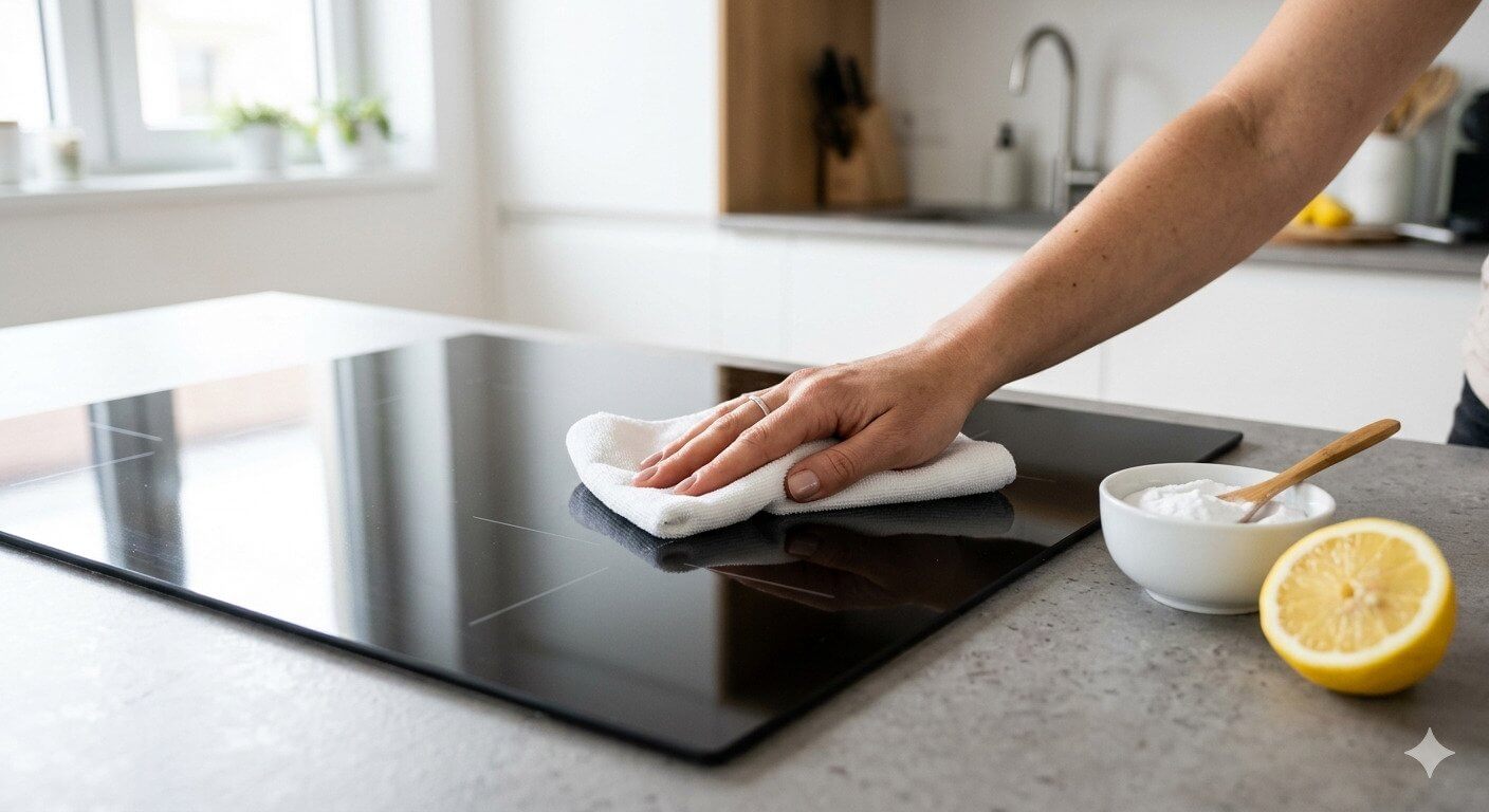 Personne nettoyant une plaque de cuisson vitrocéramique noire avec un chiffon blanc, près d’un bol et d’un demi-comme de citron sur le plan de travail.
