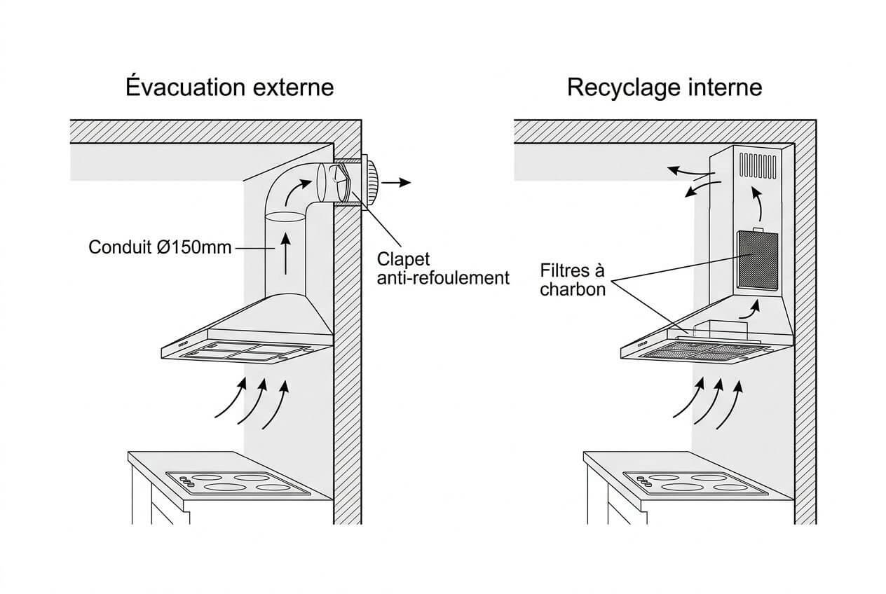 Schéma d’installation d’une hotte aspirante : évacuation externe à gauche et recyclage interne à droite, montrant conduit Ø150 mm, clapet anti-retour et filtres à charbon sous une hotte au-dessus d’une plaque de cuisson. Utilisation pour l’installation hotte aspirante.