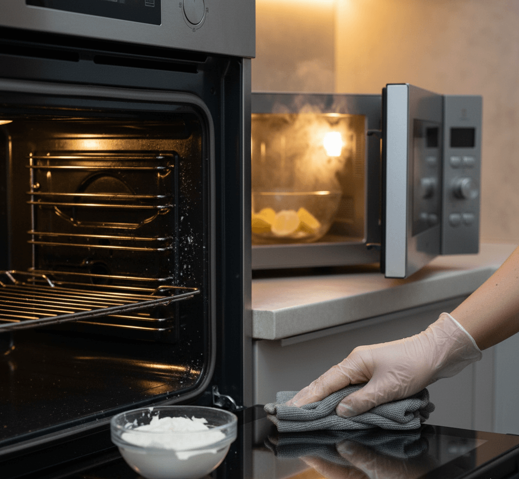 Personne portant un gant nettoie la porte d’un four au domicile; bol de farine ou sucre sur le comptoir et micro-ondes en arrière.