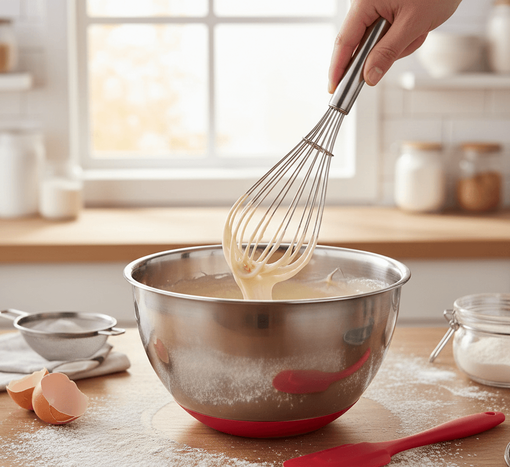 Mélangeur à main remuant une pâte légère dans un bol métallique sur plan de travail en cuisine lumineuse.