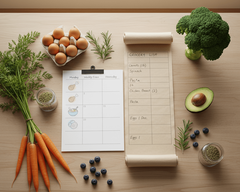 Tableau de planification de repas et liste d'épicerie sur plan de travail avec carottes, œufs, avocat, légumes, herbes et épices.