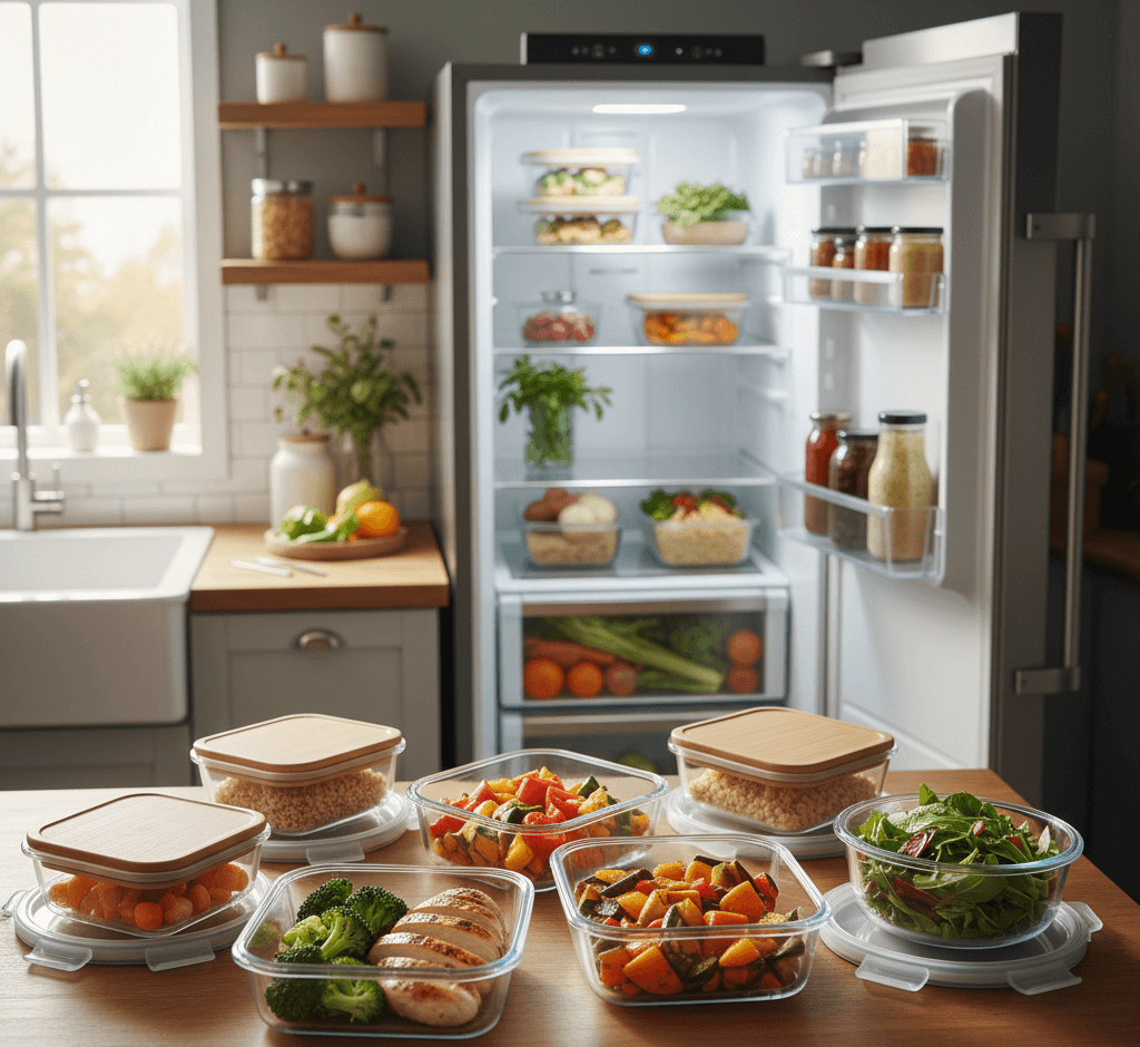 Repas sains faciles à emporter sur le plan de travail: boîtes en plastique avec aliments colorés (légumes, poulet, salade) et réfrigérateur ouvert en arrière-plan.