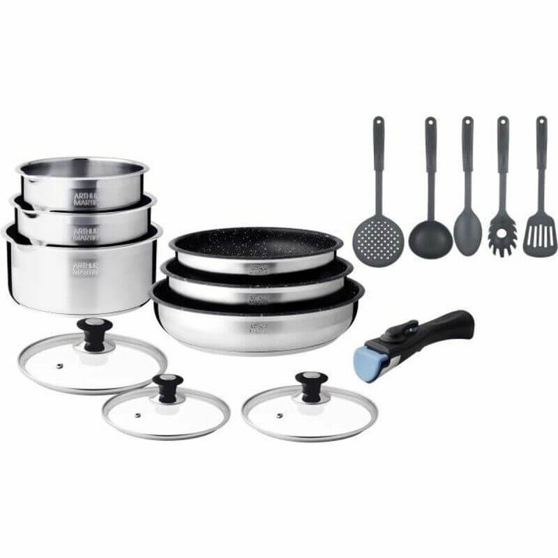 Ensemble d’ustensiles de cuisine en acier inoxydable avec casseroles, poêles, couvercles en verre et capuchons, et kit d’accessoires noirs, couteau à crayon.