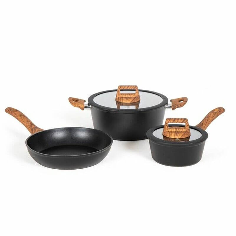 Ensemble de casseroles et poêles antiadhésives avec manches et manchettes en bois, ensemble de cuisson complet.