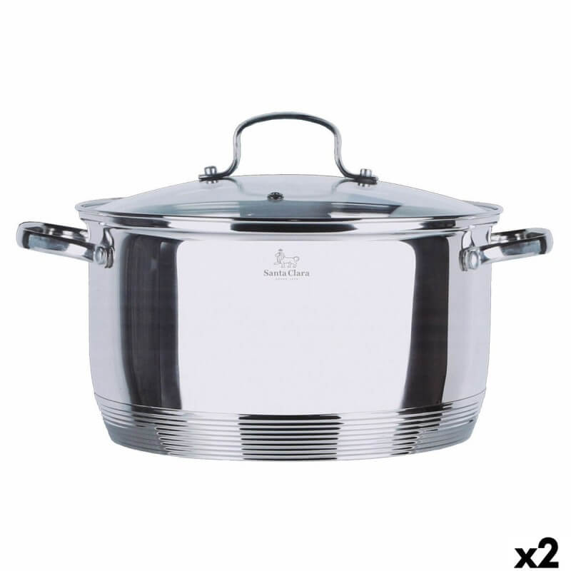 Cuitère en acier inoxydable avec couvercle en verre et poignées, logo Santa Clara, vue frontale, sur fond blanc. x2