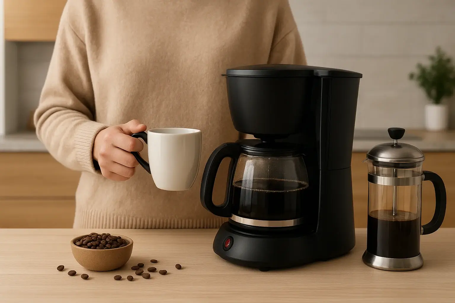 Personne tenant une tasse blanche près d'une cafetière filtre noire, avec une cafetière et un moulin à café sur une table en bois; grains de café dans un petit bol et autour.