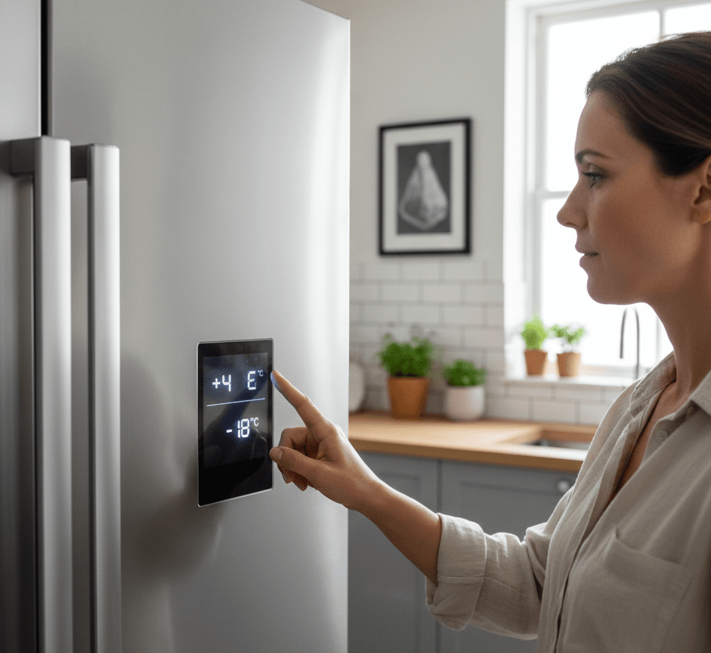 Femme réglant la température de son frigo