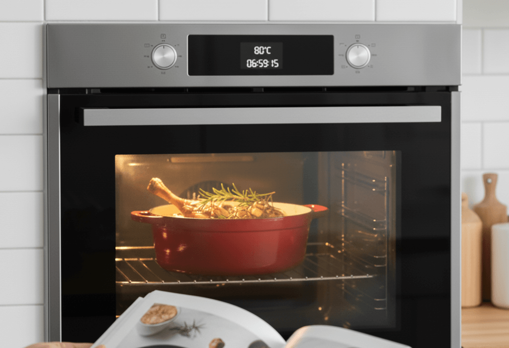 Fourneau encastré en inox avec plat rouge au four et livre de recettes en avant-plan, dans une cuisine moderne.