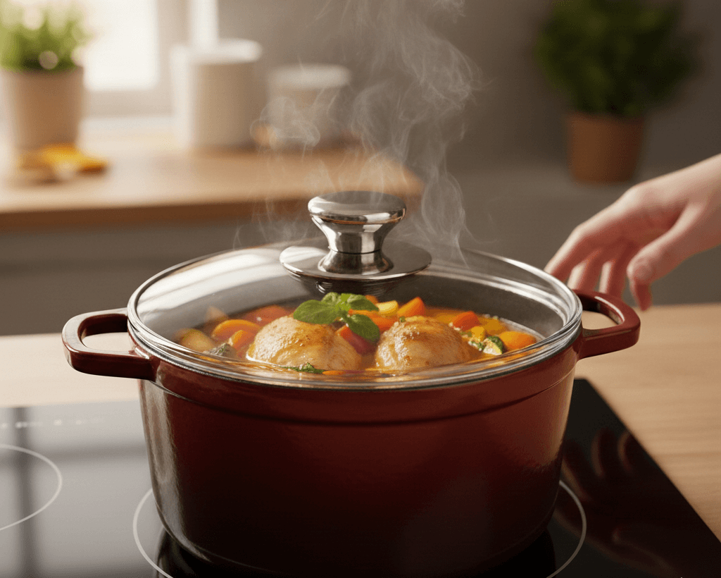 Cocotte en fonte bordeaux à couvercle en verre fumé sur table de cuisson, légumes et boulettes en mijotage, vapeur qui s’échappe.