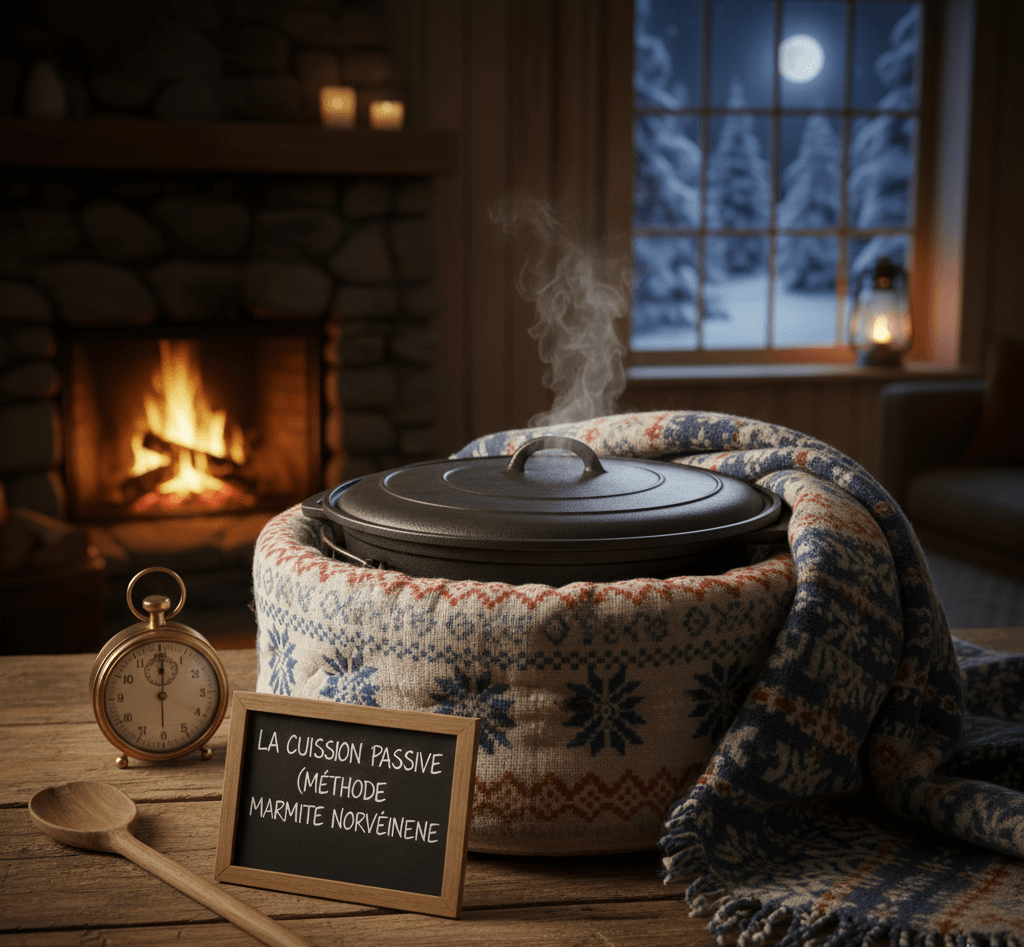 Cocotte en fonte fumante dans son manteau en laine motifs nordiques, sur table en bois près du feu; bougie et horloge antiques; tableau noir indiquant "La cuisson passive (méthode Marmite Norvégienne)".