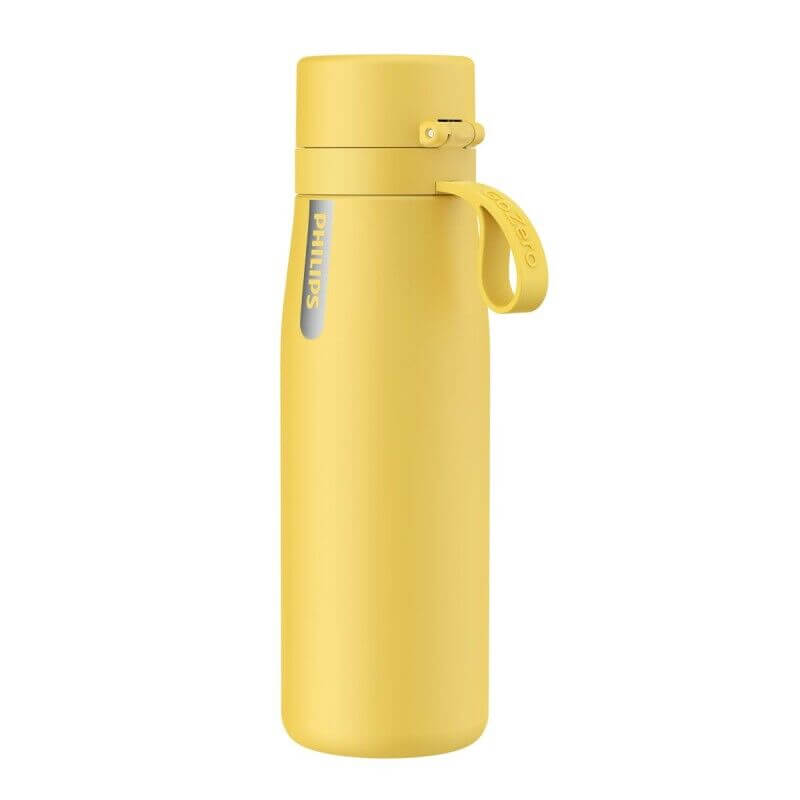 Gourde isotherme jaune Philippe Starck style avec bouchon rabattable et anse, côté clair, bouteille portable de cuisine premium.