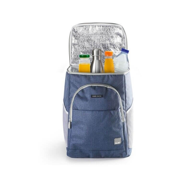 Sac à dos isotherme bleu avec compartiment principal ouvert révélant bouteilles et gourdes, poche frontale et poches latérales.