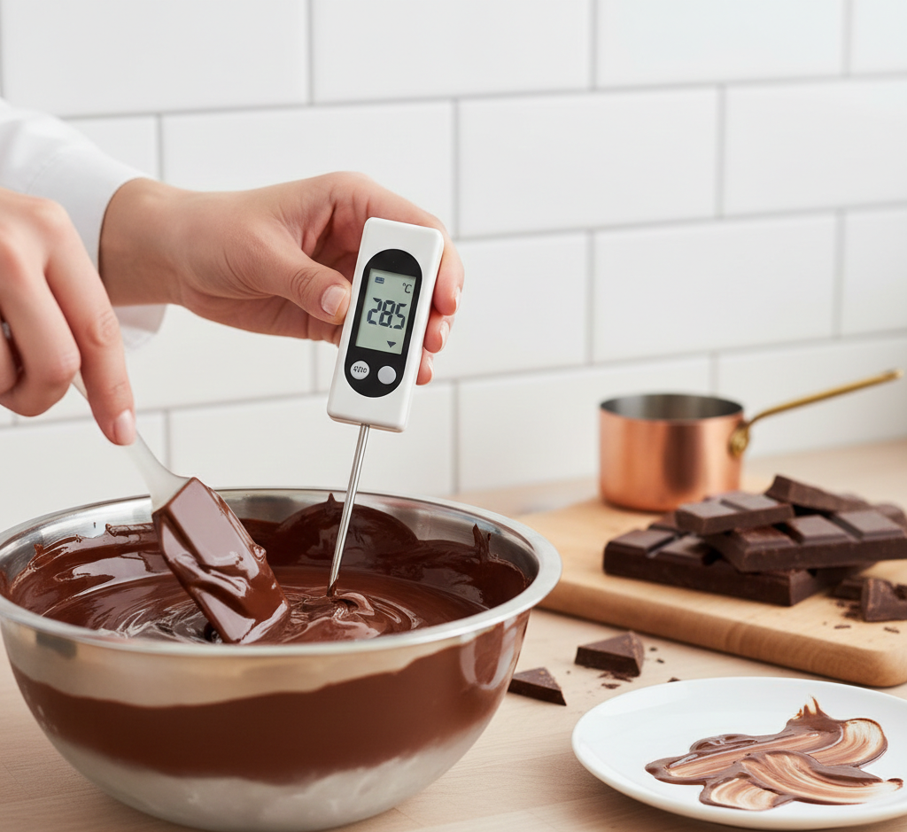 Personne mesurant la température du chocolat fondu avec un thermomètre numérique dans un bol en acier, près de morceaux de chocolat et d’un jus pot à lait.