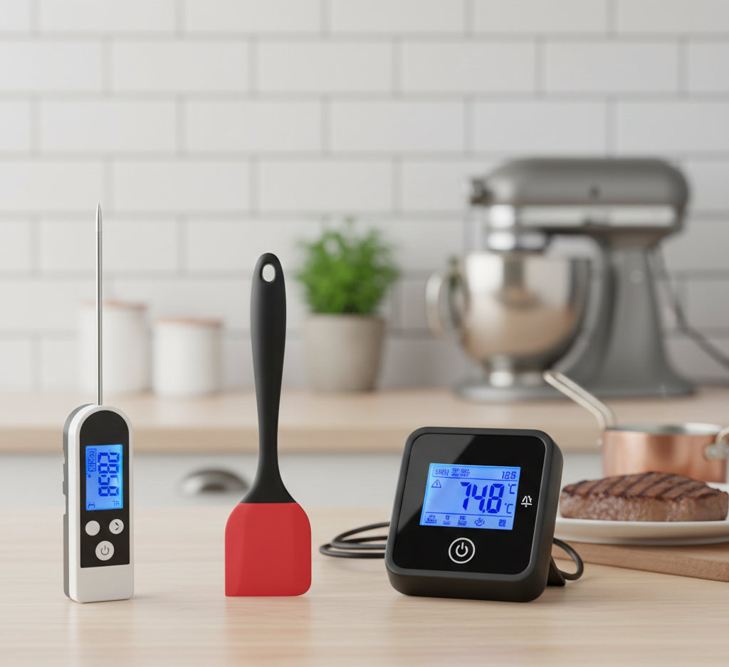 Thermomètre numérique, spatule en silicone rouge et manche noire, plaque de cuisson avec écran de température, et cuiseur/mélangeur en arrière-plan sur plan de travail.