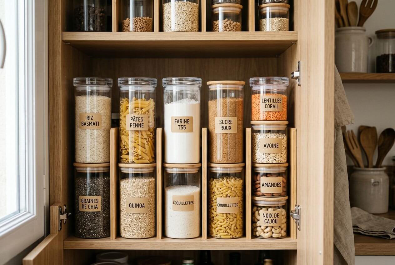 Contenants en verre organisés dans un placard