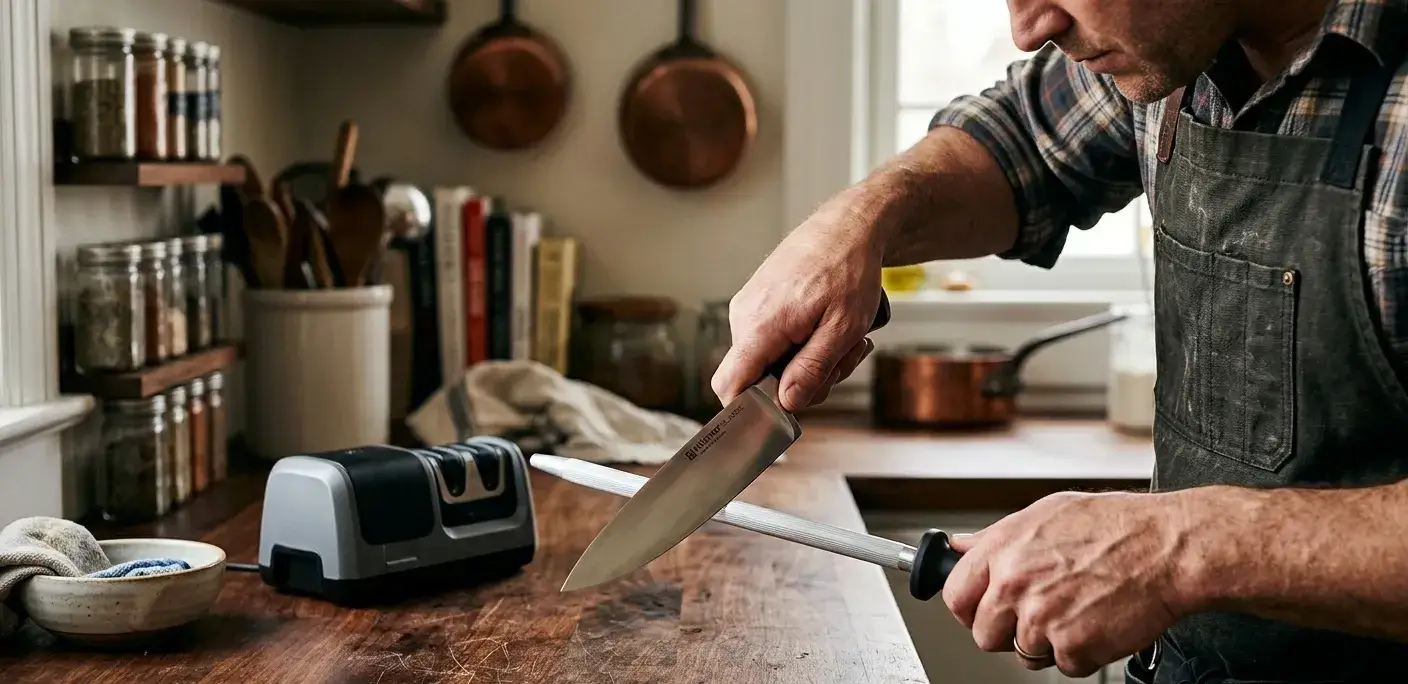 Chef culinaire en action, coupant un long couteau de chef sur une planche en bois dans une cuisine, avec des instruments et bocaux en arrière-plan.