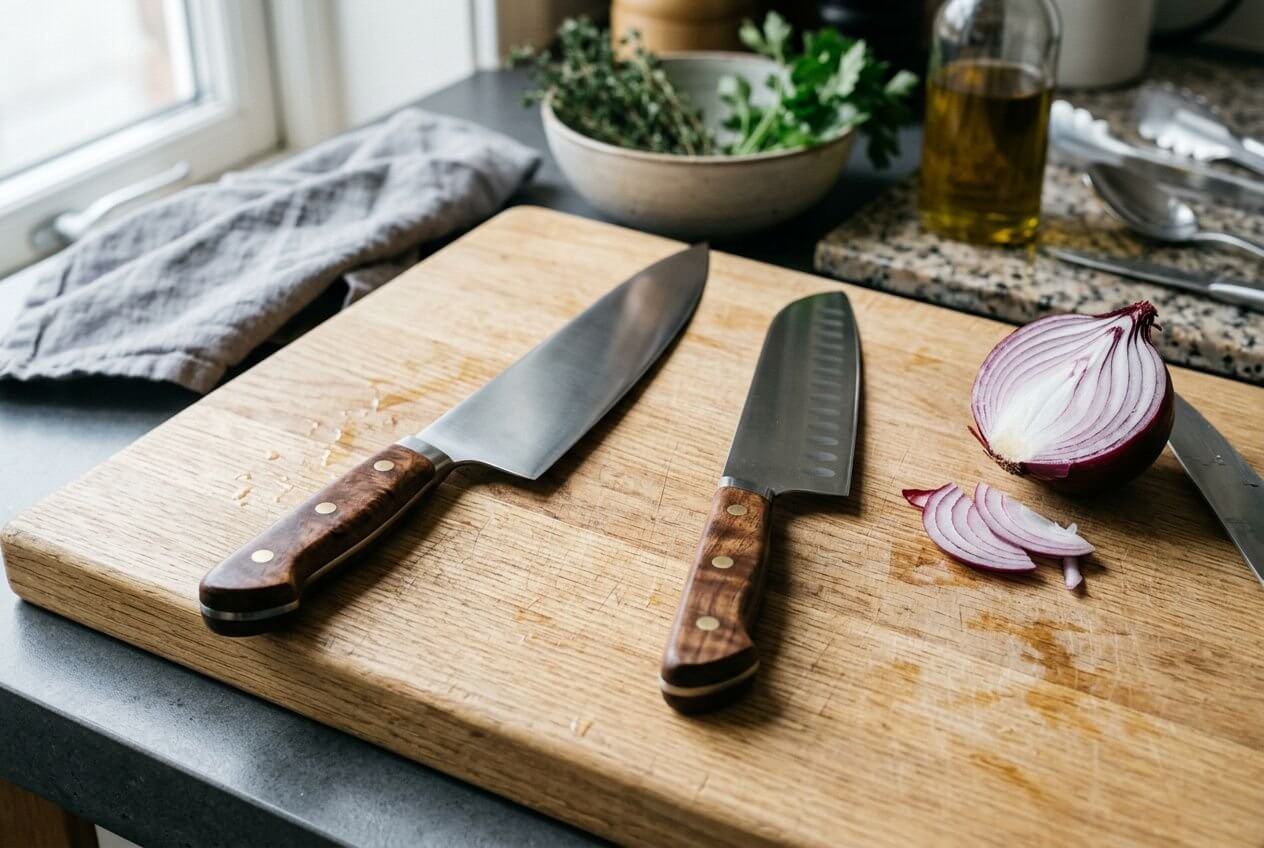 Ensemble de couteaux de chef et santoku à côté d’un oignon rouge tranché sur une planche en bois.