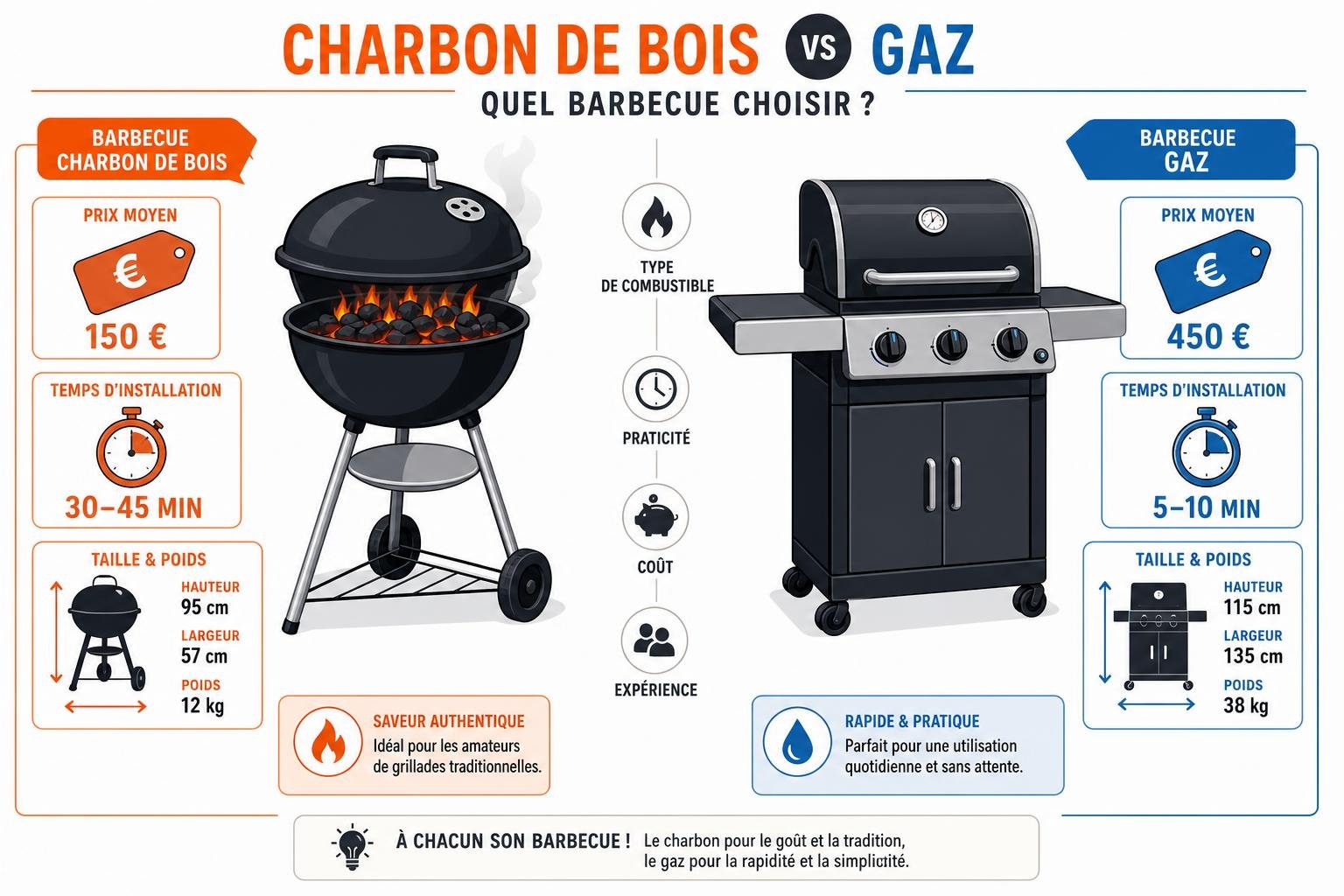 Charbon de bois vs gaz : barbecue rond à charbon traditionnel à gauche et barbecue gaz à droite, avec infographies sur prix, temps d’installation et dimensions.
