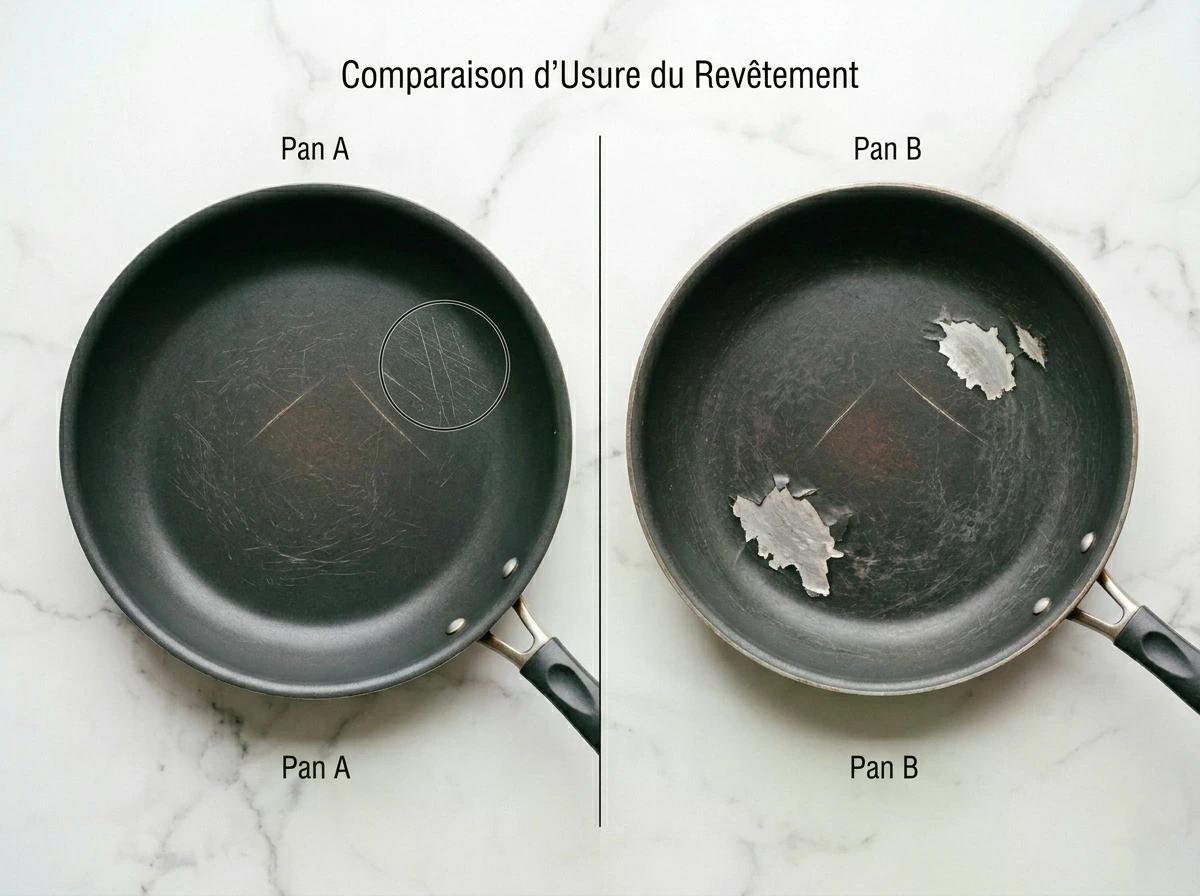 Comparaison d’usure du revêtement d’une poêle, Pan A vs Pan B, traces visibles et zones écaillées sur Pan B.