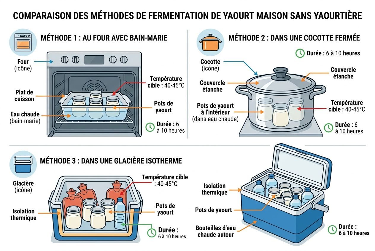 Comparaison des méthodes de fermentation de yaourts maison sans yaourtière: four, cocotte et glacière, montrant bain-marie, yaourts dans pots et températures cibles.