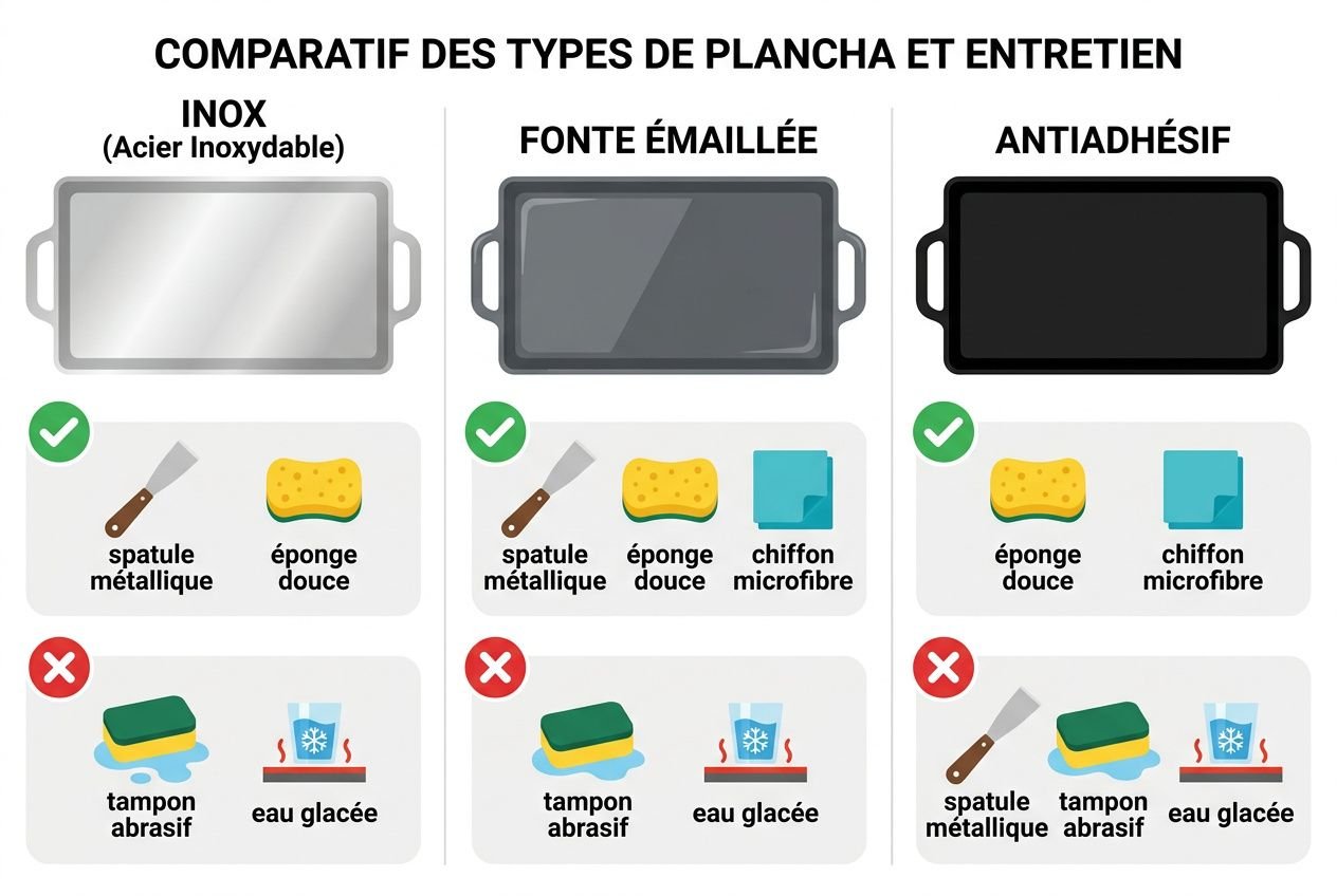 Comparatif des types de plancha et entretien: inox, fonte émaillée et antiadhésif avec ustensiles et produits recommandés.