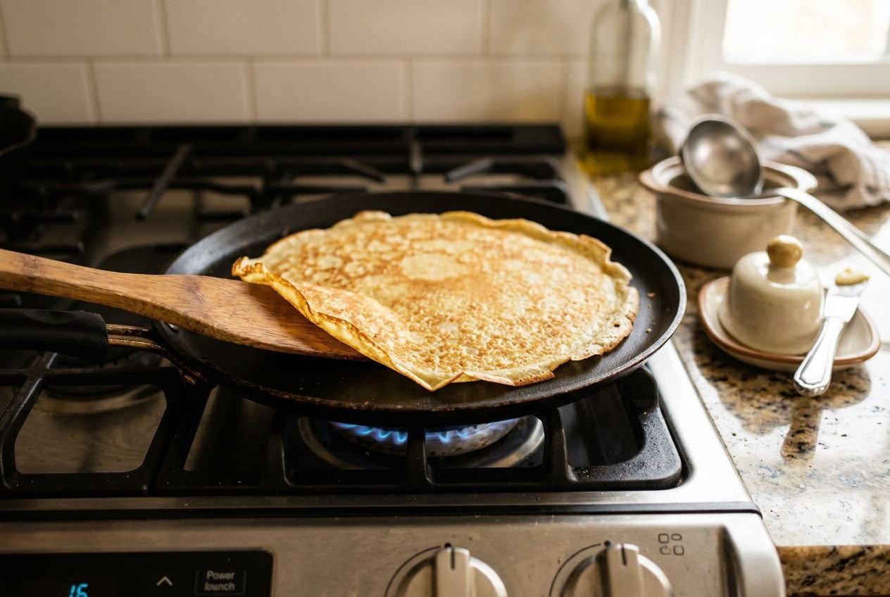 Crêpes dorées qui cuisent dans une poêle sur une cuisinière, spatule prête à les retourner, ambiance cuisine pour réussir crêpes maison.