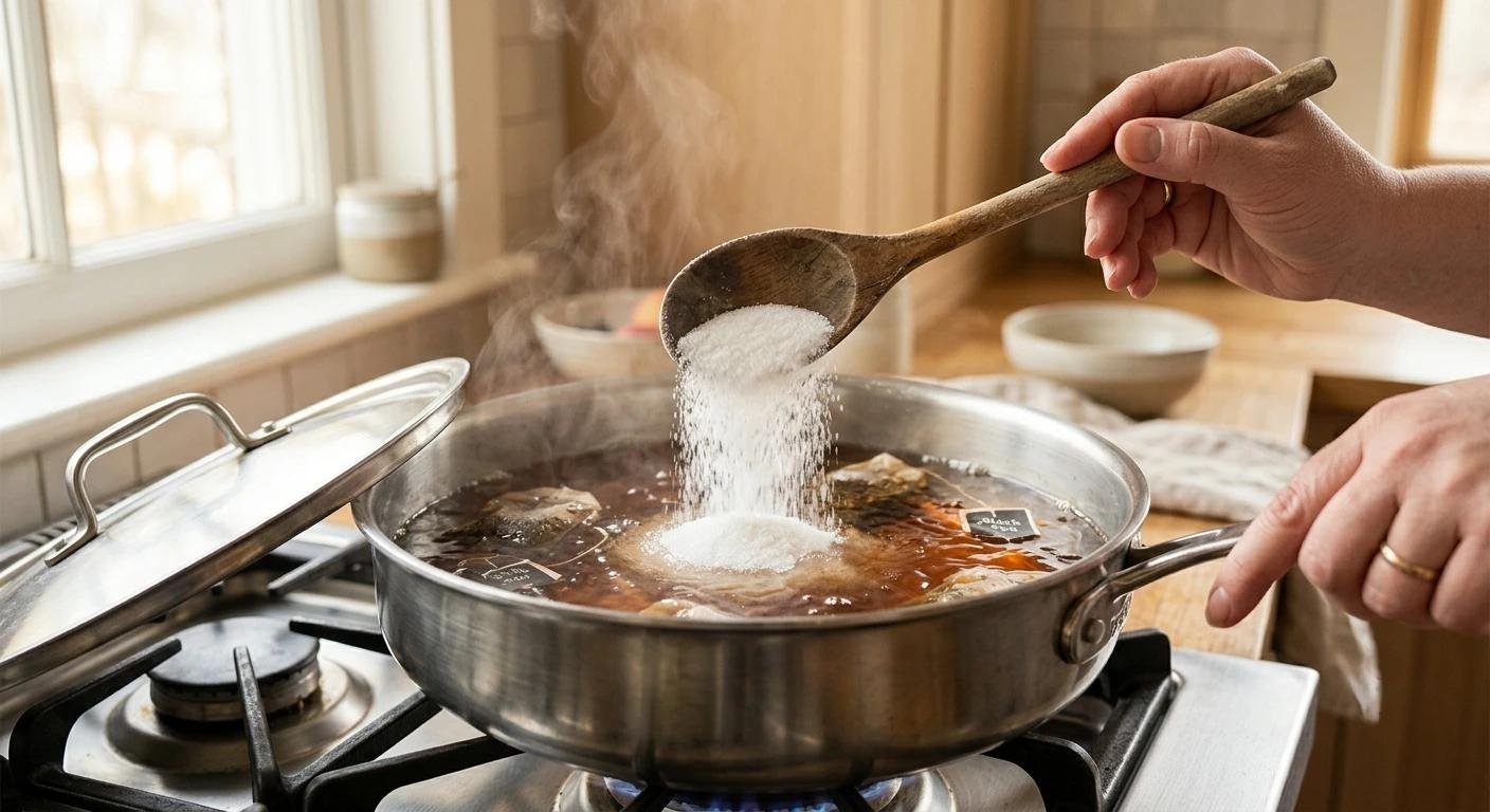 Cuisson en cours : ajout de sucre dans une marmite en inox sur une plaque à gaz, vapeur et cuillère en bois à côté.