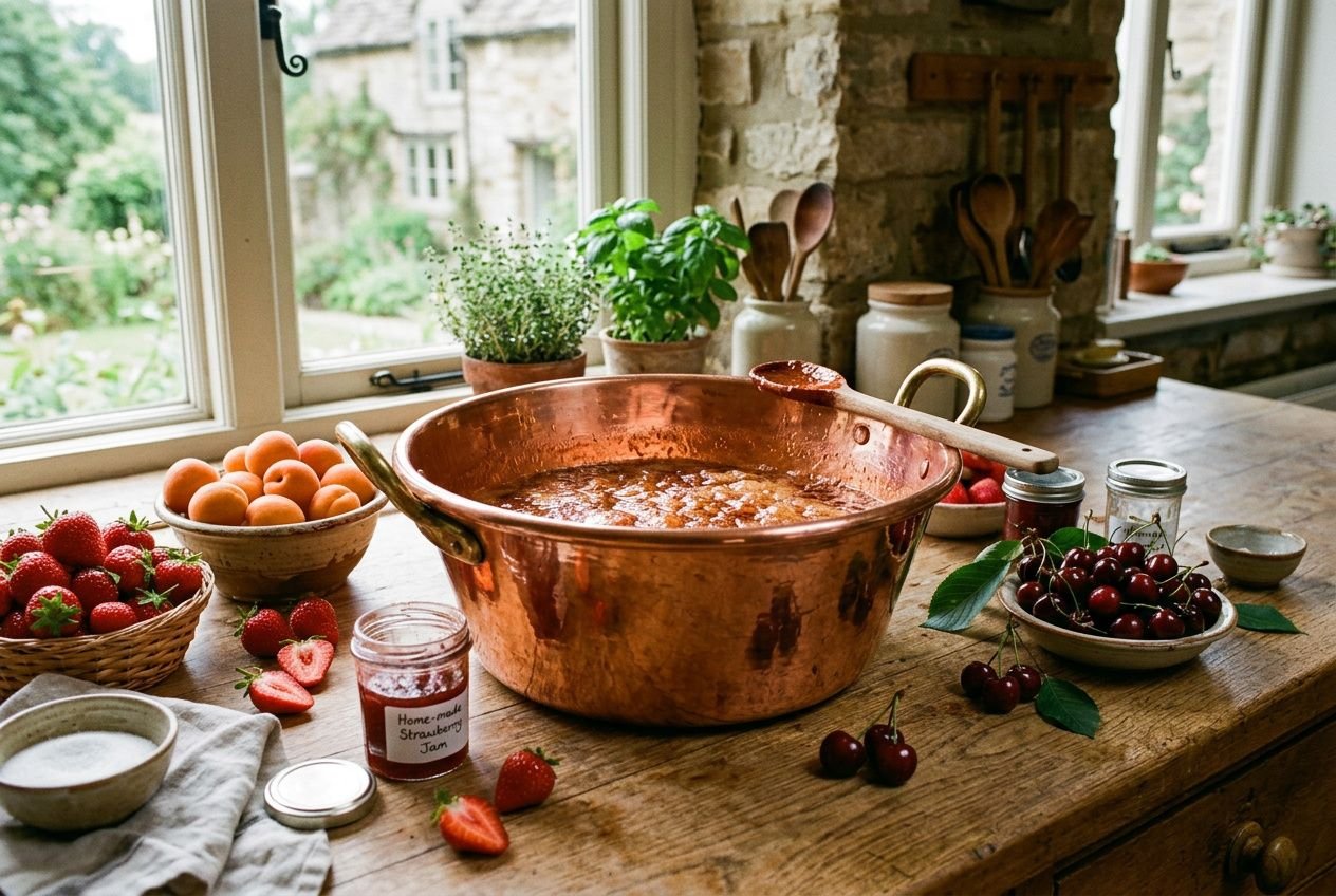 Cuve en cuivre pour confiture sur une table de cuisine, entourée de fruits frais et pots de confiture, ustensiles et plantes, parfait pour débuter la confection. confiture maison ustensiles débutant