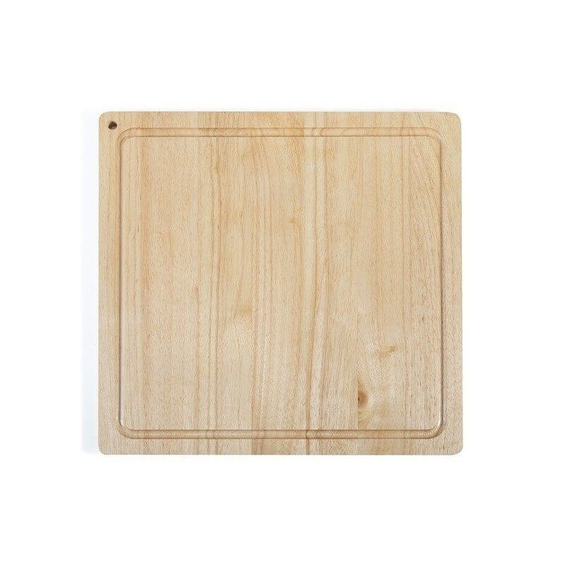 Planche à découper en bois clair avec rebord intérieur et petit orifice en coin top-left – parfait pour cuisine professionnelle.